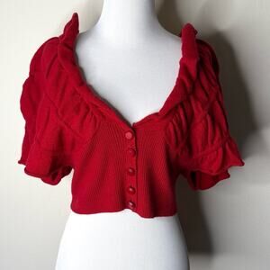 Moth Anthropologie Red Wool Ruffle Shoulder Crop Sweater
